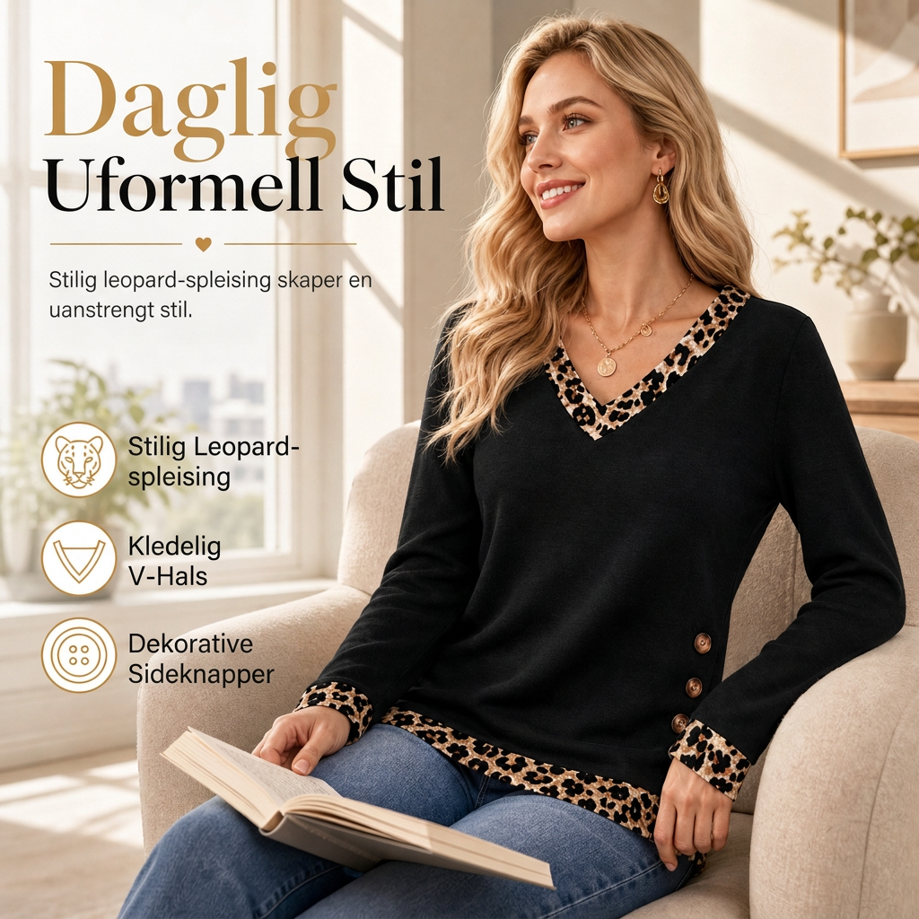🔥50 % rabatt✨🍂 Strikketopp med V-hals og leopardmønster for damer | Myk strikk og dekorative knapper