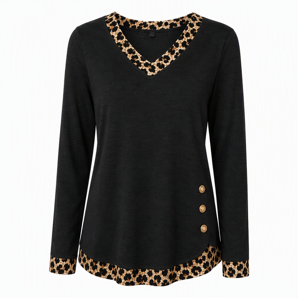 🔥50 % rabatt✨🍂 Strikketopp med V-hals og leopardmønster for damer | Myk strikk og dekorative knapper