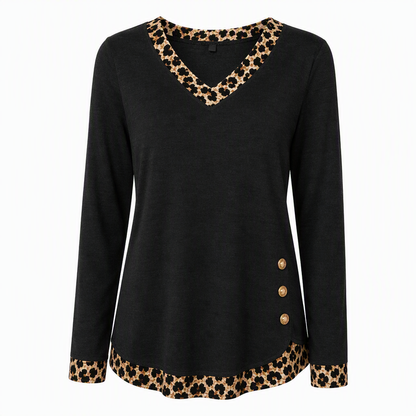 🔥50 % rabatt✨🍂 Strikketopp med V-hals og leopardmønster for damer | Myk strikk og dekorative knapper