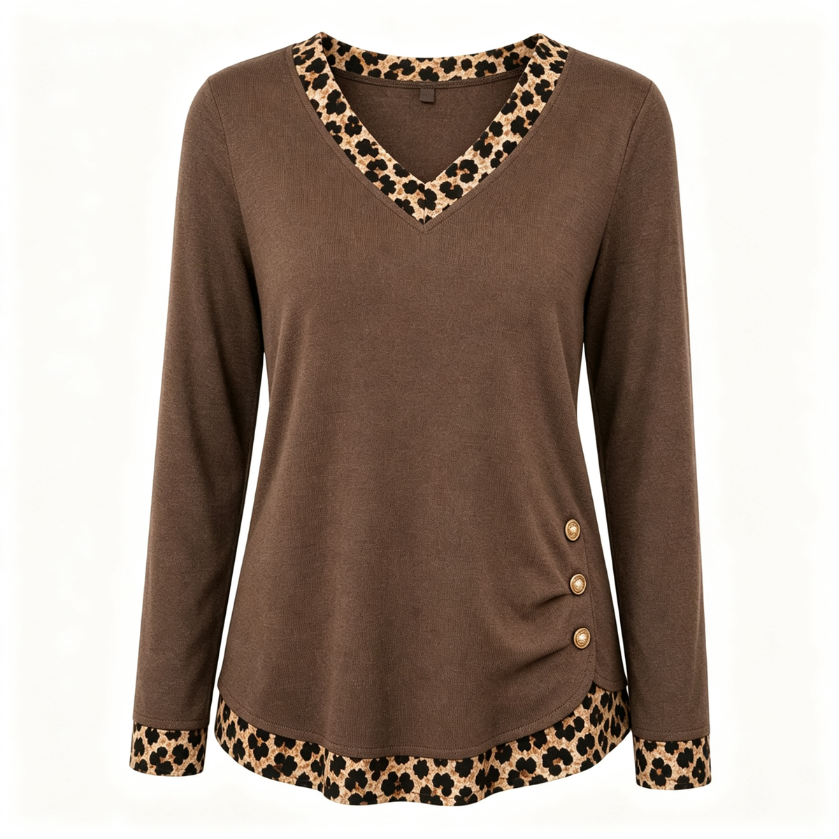 🔥50 % rabatt✨🍂 Strikketopp med V-hals og leopardmønster for damer | Myk strikk og dekorative knapper