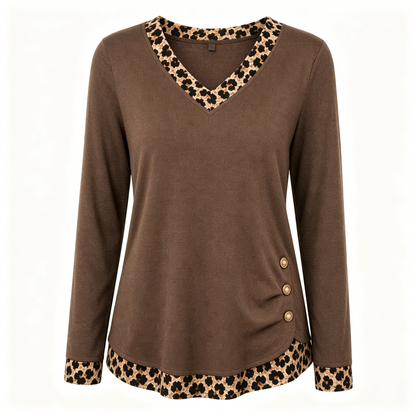 🔥50 % rabatt✨🍂 Strikketopp med V-hals og leopardmønster for damer | Myk strikk og dekorative knapper