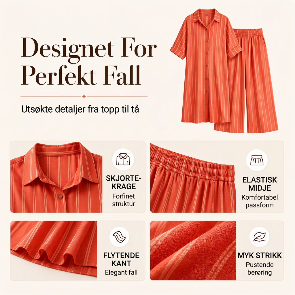 Langstripet damebluse med striper og buksett med vid ben