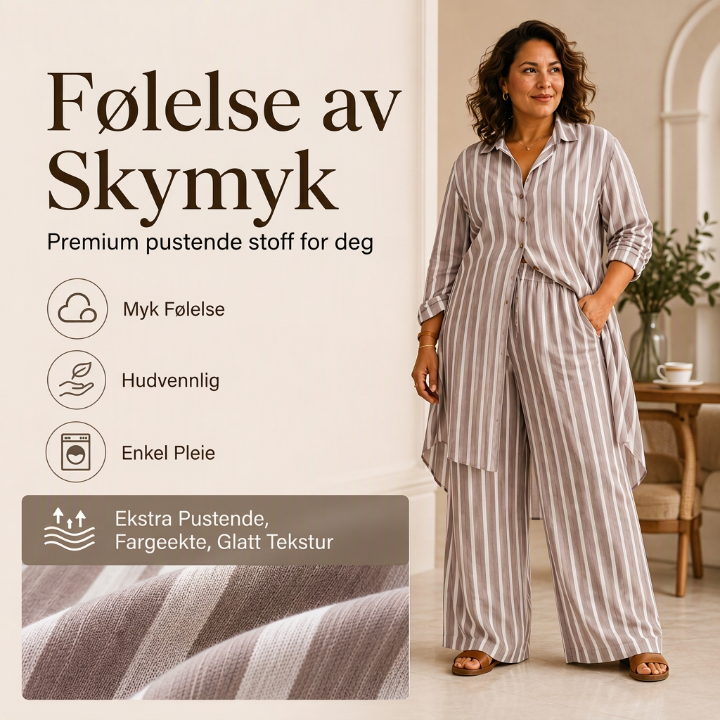 Langstripet damebluse med striper og buksett med vid ben