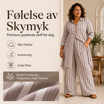 Langstripet damebluse med striper og buksett med vid ben