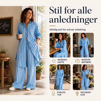 Langstripet damebluse med striper og buksett med vid ben
