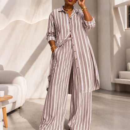 Langstripet damebluse med striper og buksett med vid ben