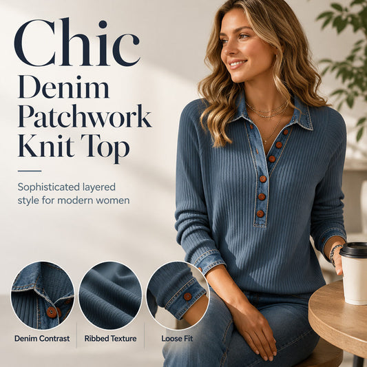 🍂 50% RABATT | Ribbestrikket dametopp med denimkrage – avslappet & stilren passform