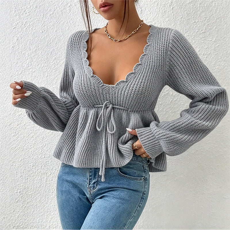 🔥50 % rabatt✨🧶 Sexy strikkegenser med V-utringning og snøring for kvinner | Myk strikk, feminin passform og justerbar snøring