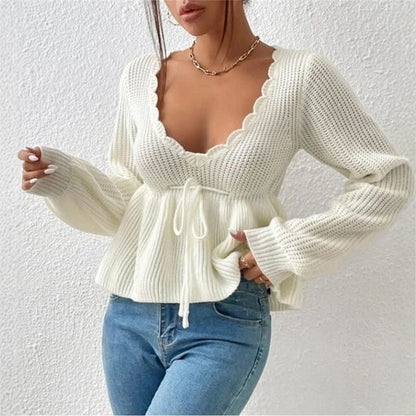 🔥50 % rabatt✨🧶 Sexy strikkegenser med V-utringning og snøring for kvinner | Myk strikk, feminin passform og justerbar snøring