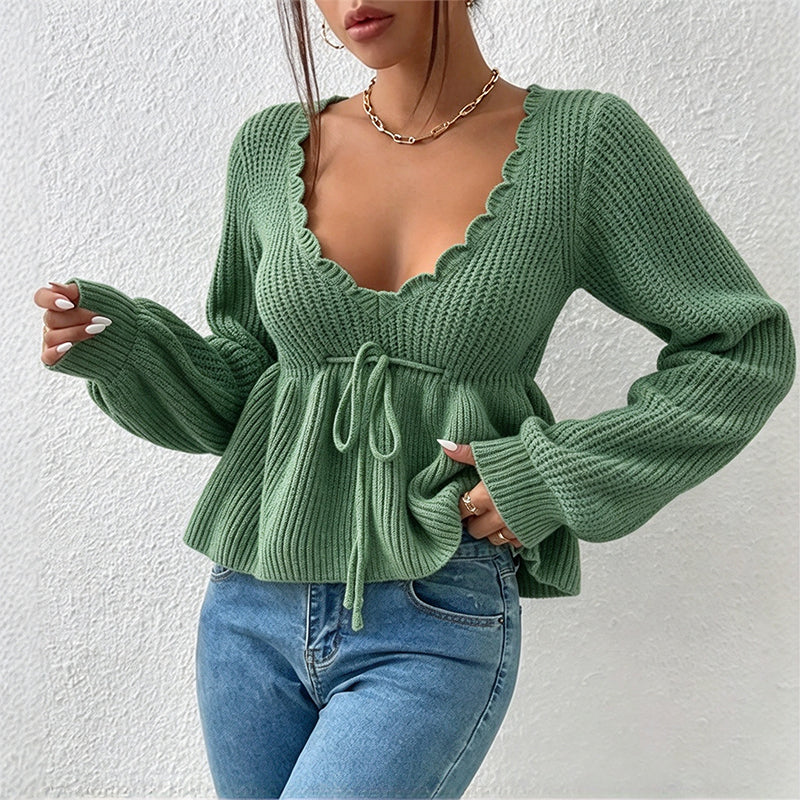 🔥50 % rabatt✨🧶 Sexy strikkegenser med V-utringning og snøring for kvinner | Myk strikk, feminin passform og justerbar snøring
