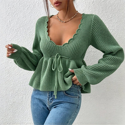 🔥50 % rabatt✨🧶 Sexy strikkegenser med V-utringning og snøring for kvinner | Myk strikk, feminin passform og justerbar snøring