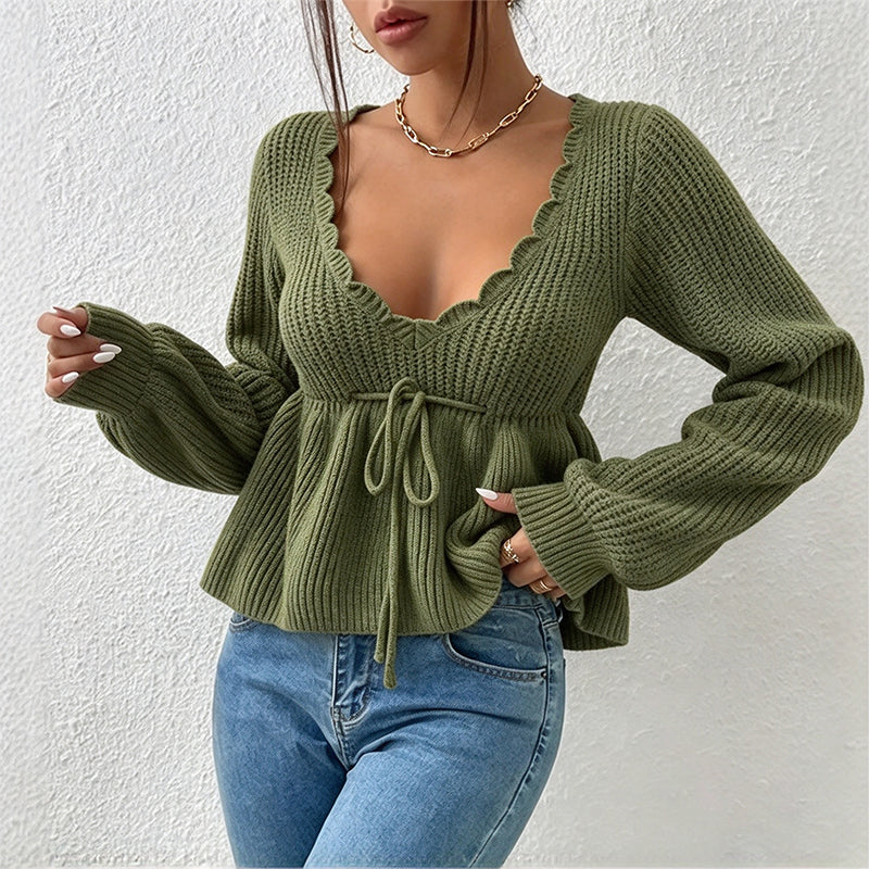 🔥50 % rabatt✨🧶 Sexy strikkegenser med V-utringning og snøring for kvinner | Myk strikk, feminin passform og justerbar snøring