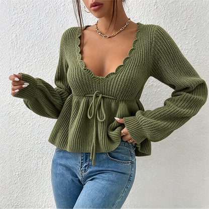 🔥50 % rabatt✨🧶 Sexy strikkegenser med V-utringning og snøring for kvinner | Myk strikk, feminin passform og justerbar snøring