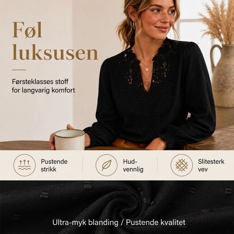 🔥50 % rabatt✨👚 Blondetopp med V-hals og lange ermer for damer | Myk blonde, feminin passform og elegant uttrykk