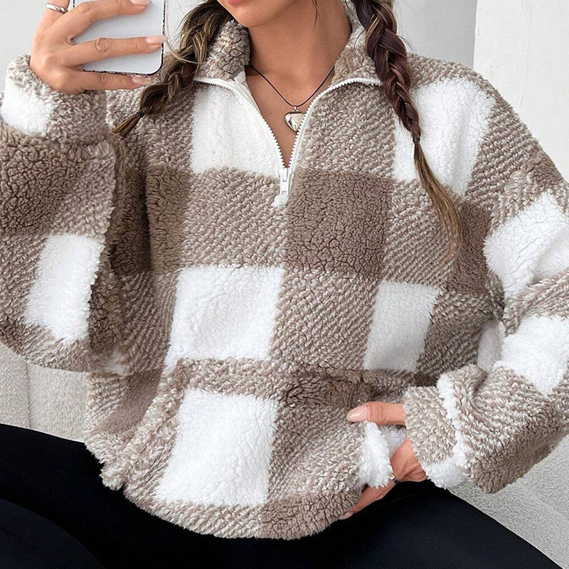 🔥50 % rabatt✨🧥 Rutete sherpa-jakke i patchwork-design for damer | Myk, varm og avslappet passform