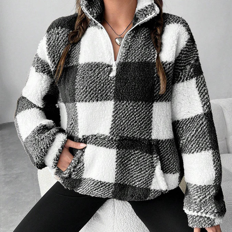 🔥50 % rabatt✨🧥 Rutete sherpa-jakke i patchwork-design for damer | Myk, varm og avslappet passform