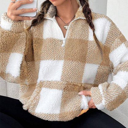 🔥50 % rabatt✨🧥 Rutete sherpa-jakke i patchwork-design for damer | Myk, varm og avslappet passform