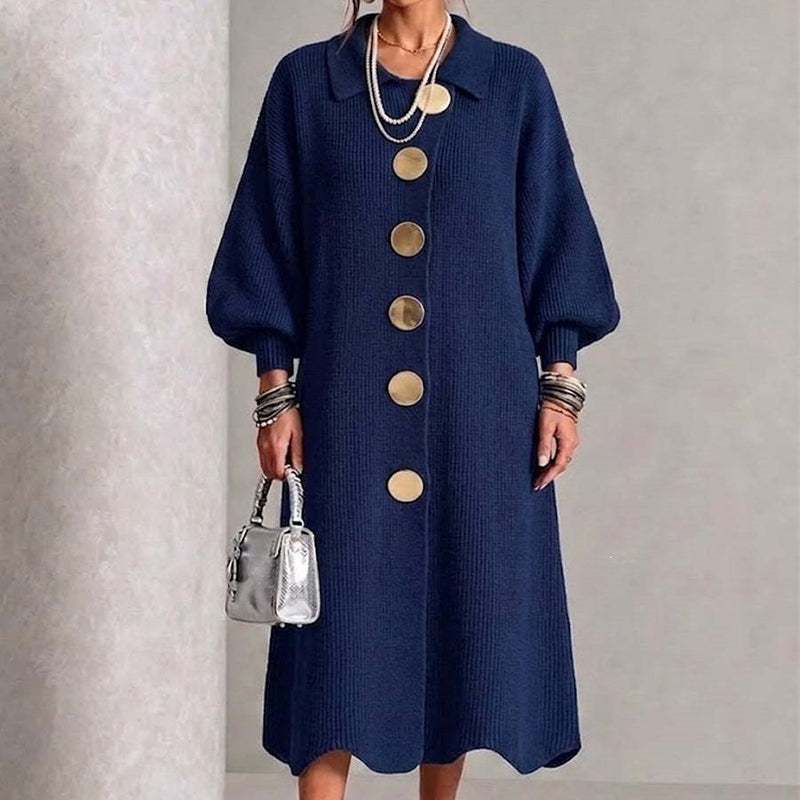 🔥50 % rabatt✨👗 Maxikjole i ribbestrikk med ballongermer for damer | Myk strikk og feminin passform til høsten