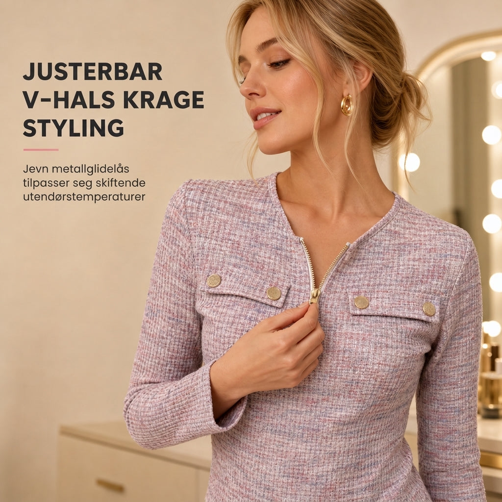 🧶 Dame Genser med V-hals og Halvglidelås – Myk Strikket Genser med Lange Ermer