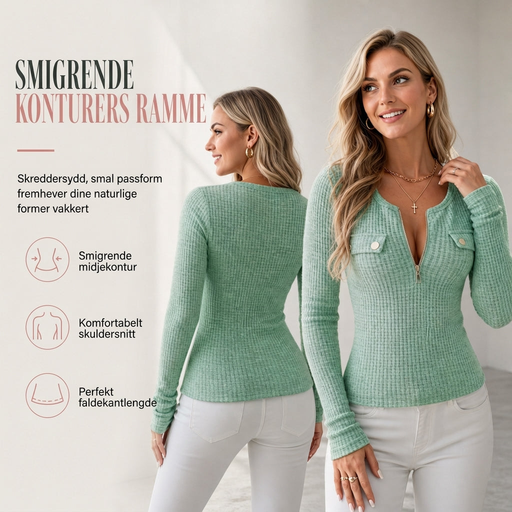 🧶 Dame Genser med V-hals og Halvglidelås – Myk Strikket Genser med Lange Ermer