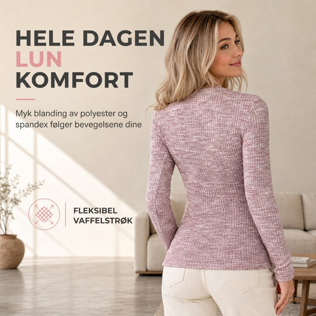 🧶 Dame Genser med V-hals og Halvglidelås – Myk Strikket Genser med Lange Ermer