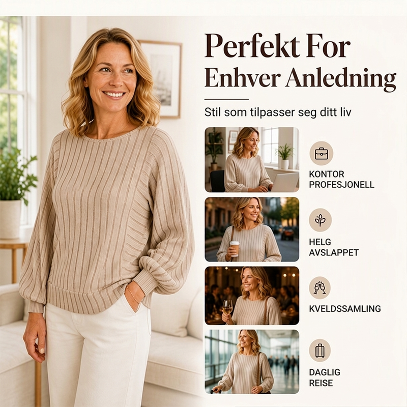 🔥50 % rabatt✨🧶 Ribbestrikket genser med lanterneærmer for damer | Avslappet fasong – myk høststrikk