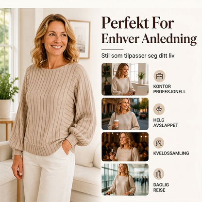 🔥50 % rabatt✨🧶 Ribbestrikket genser med lanterneærmer for damer | Avslappet fasong – myk høststrikk