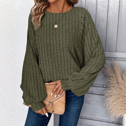 🔥50 % rabatt✨🧶 Ribbestrikket genser med lanterneærmer for damer | Avslappet fasong – myk høststrikk