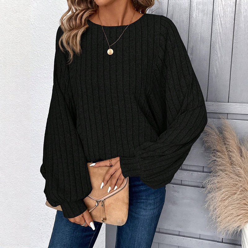 🔥50 % rabatt✨🧶 Ribbestrikket genser med lanterneærmer for damer | Avslappet fasong – myk høststrikk