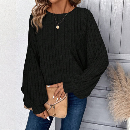 🔥50 % rabatt✨🧶 Ribbestrikket genser med lanterneærmer for damer | Avslappet fasong – myk høststrikk