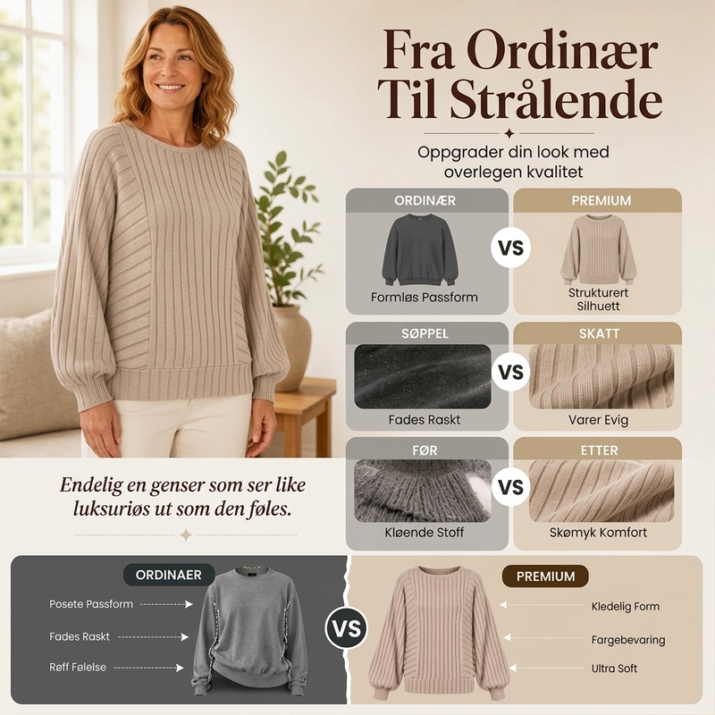 🔥50 % rabatt✨🧶 Ribbestrikket genser med lanterneærmer for damer | Avslappet fasong – myk høststrikk