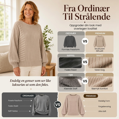 🔥50 % rabatt✨🧶 Ribbestrikket genser med lanterneærmer for damer | Avslappet fasong – myk høststrikk