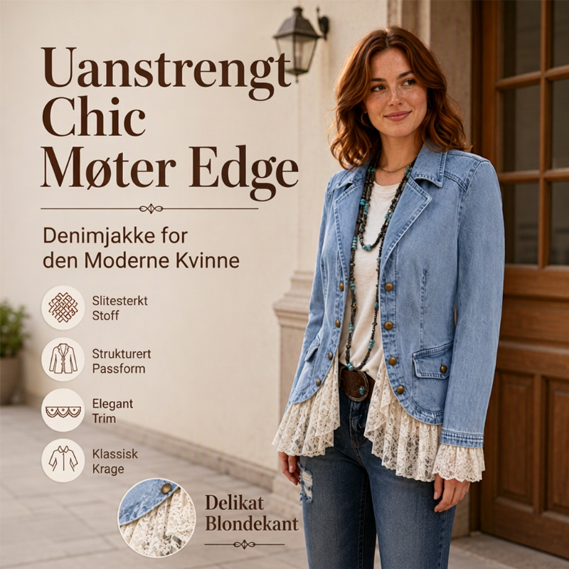 🔥 50% Rabatt 👗 Stilig Dame Jeansjakke – Smal Passform, Hakkede Jakkeslag & Blondekant