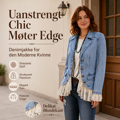 🔥 50% Rabatt 👗 Stilig Dame Jeansjakke – Smal Passform, Hakkede Jakkeslag & Blondekant