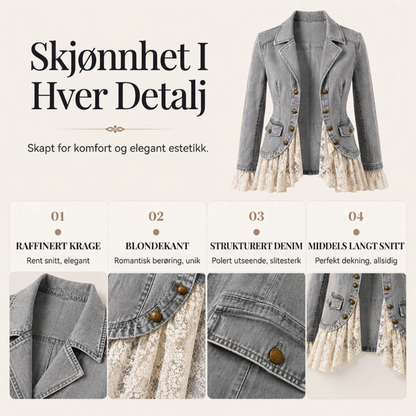🔥 50% Rabatt 👗 Stilig Dame Jeansjakke – Smal Passform, Hakkede Jakkeslag & Blondekant