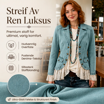 🔥 50% Rabatt 👗 Stilig Dame Jeansjakke – Smal Passform, Hakkede Jakkeslag & Blondekant
