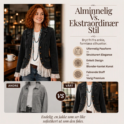 🔥 50% Rabatt 👗 Stilig Dame Jeansjakke – Smal Passform, Hakkede Jakkeslag & Blondekant