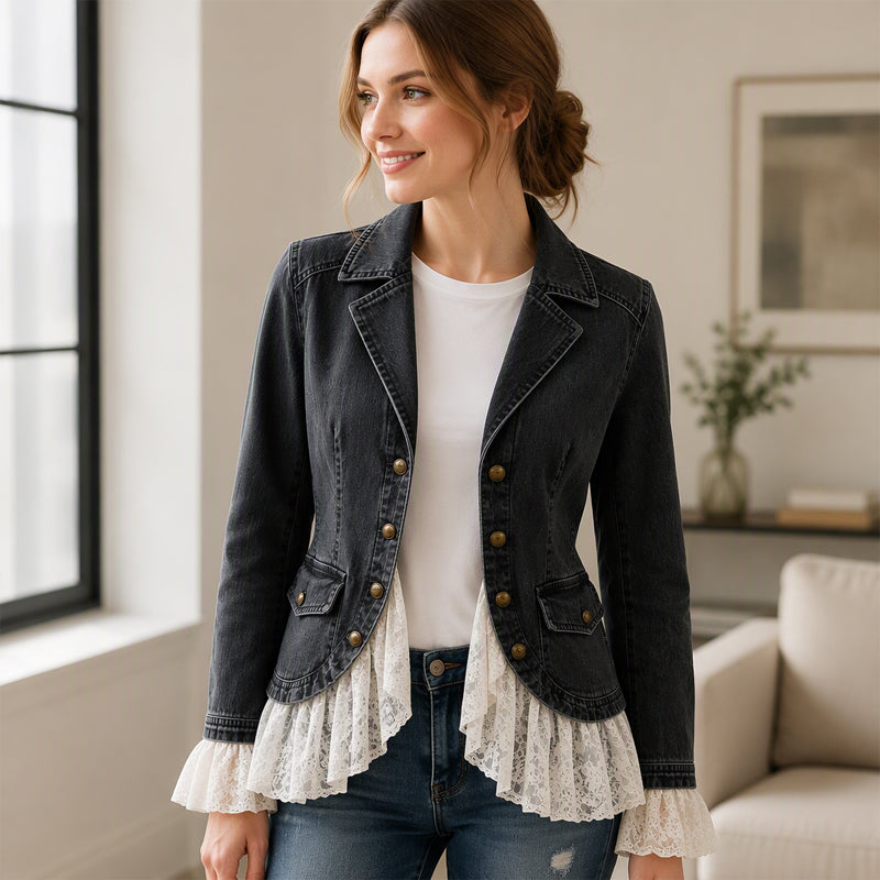 🔥 50% Rabatt 👗 Stilig Dame Jeansjakke – Smal Passform, Hakkede Jakkeslag & Blondekant