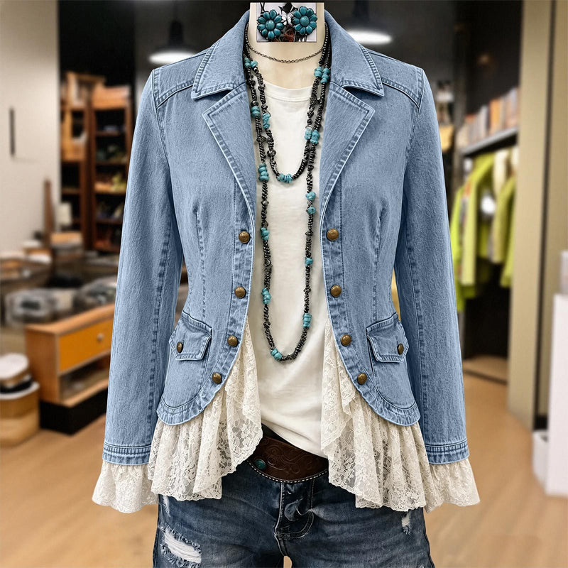 🔥 50% Rabatt 👗 Stilig Dame Jeansjakke – Smal Passform, Hakkede Jakkeslag & Blondekant