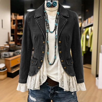 🔥 50% Rabatt 👗 Stilig Dame Jeansjakke – Smal Passform, Hakkede Jakkeslag & Blondekant