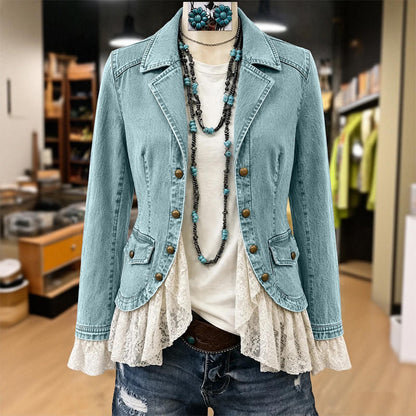 🔥 50% Rabatt 👗 Stilig Dame Jeansjakke – Smal Passform, Hakkede Jakkeslag & Blondekant