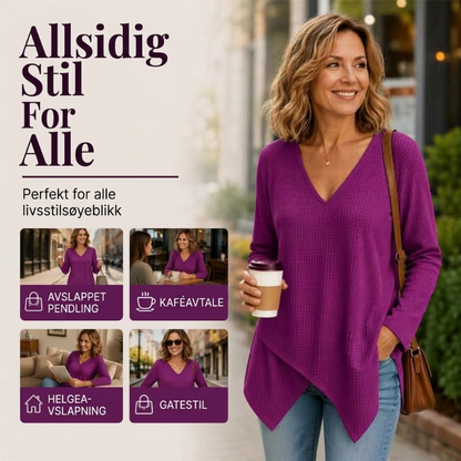 🔥 50% Rabatt 👚 Løstsittende Vaffelstrikket Topp for Kvinner – V-hals & Komfortabel Passform
