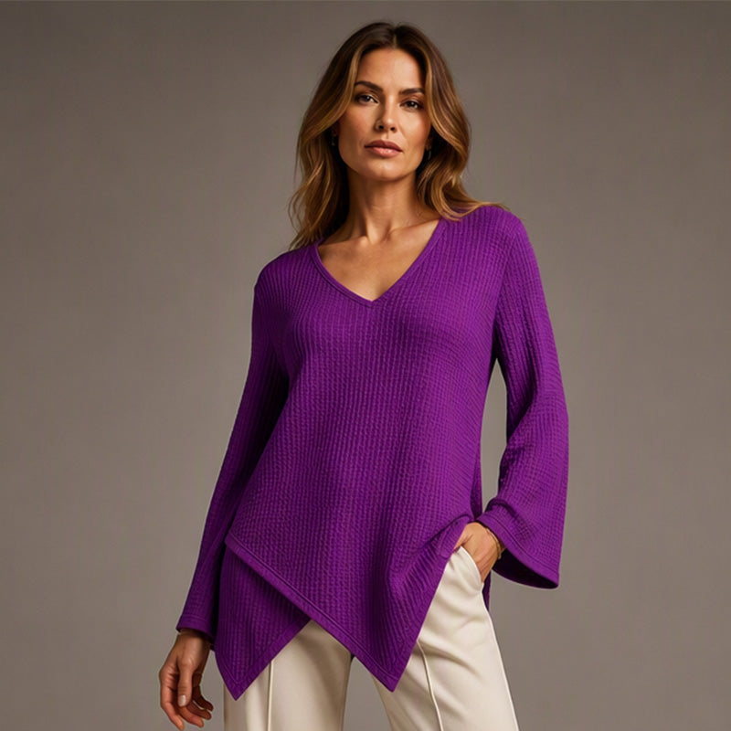 🔥 50% Rabatt 👚 Løstsittende Vaffelstrikket Topp for Kvinner – V-hals & Komfortabel Passform