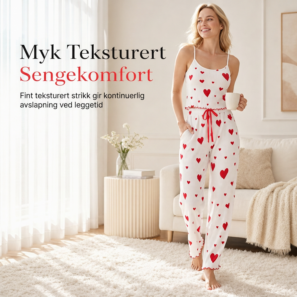 Damekostyme i ribbestrikk, 2 deler – Pyjamasett med camisole-top med hjerteprint og lange bukser, loungewear