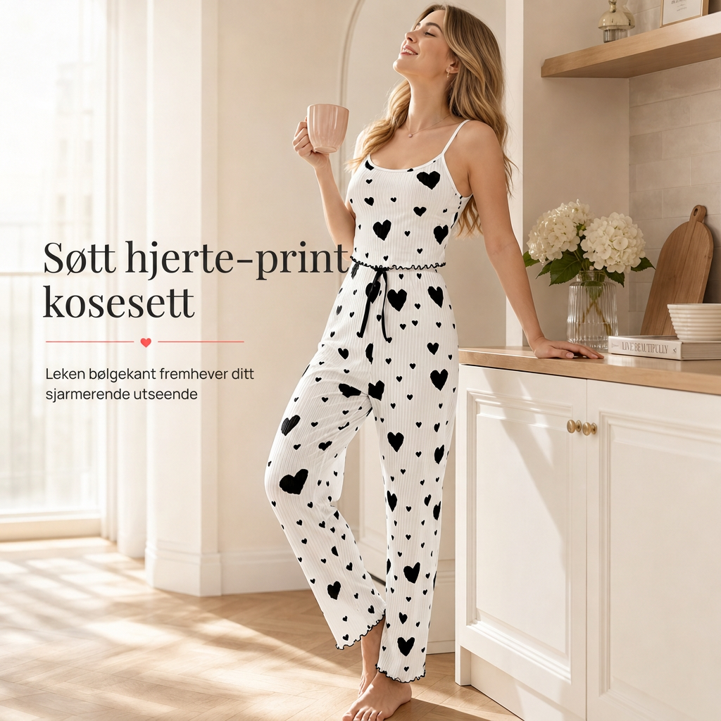 Damekostyme i ribbestrikk, 2 deler – Pyjamasett med camisole-top med hjerteprint og lange bukser, loungewear