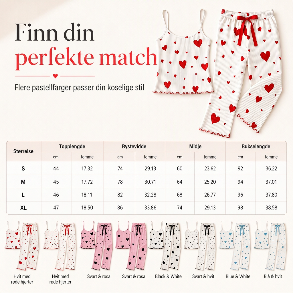 Damekostyme i ribbestrikk, 2 deler – Pyjamasett med camisole-top med hjerteprint og lange bukser, loungewear