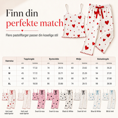 Damekostyme i ribbestrikk, 2 deler – Pyjamasett med camisole-top med hjerteprint og lange bukser, loungewear