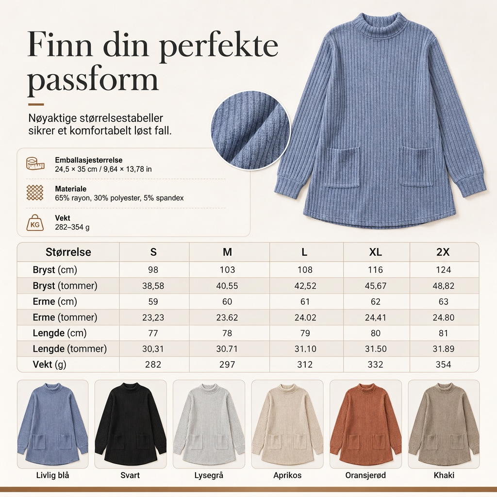 🔥 50% RABATT 🔥 Løstsittende T-skjorte for kvinner med høy hals og lange ermer