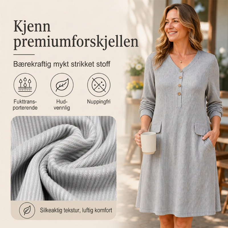 Damekjole i strikk med V-hals og vertikale striper – Elegant og slankende ✨🖤