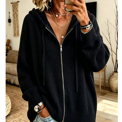 Dame løs strikket cardigan med glidelås og hette